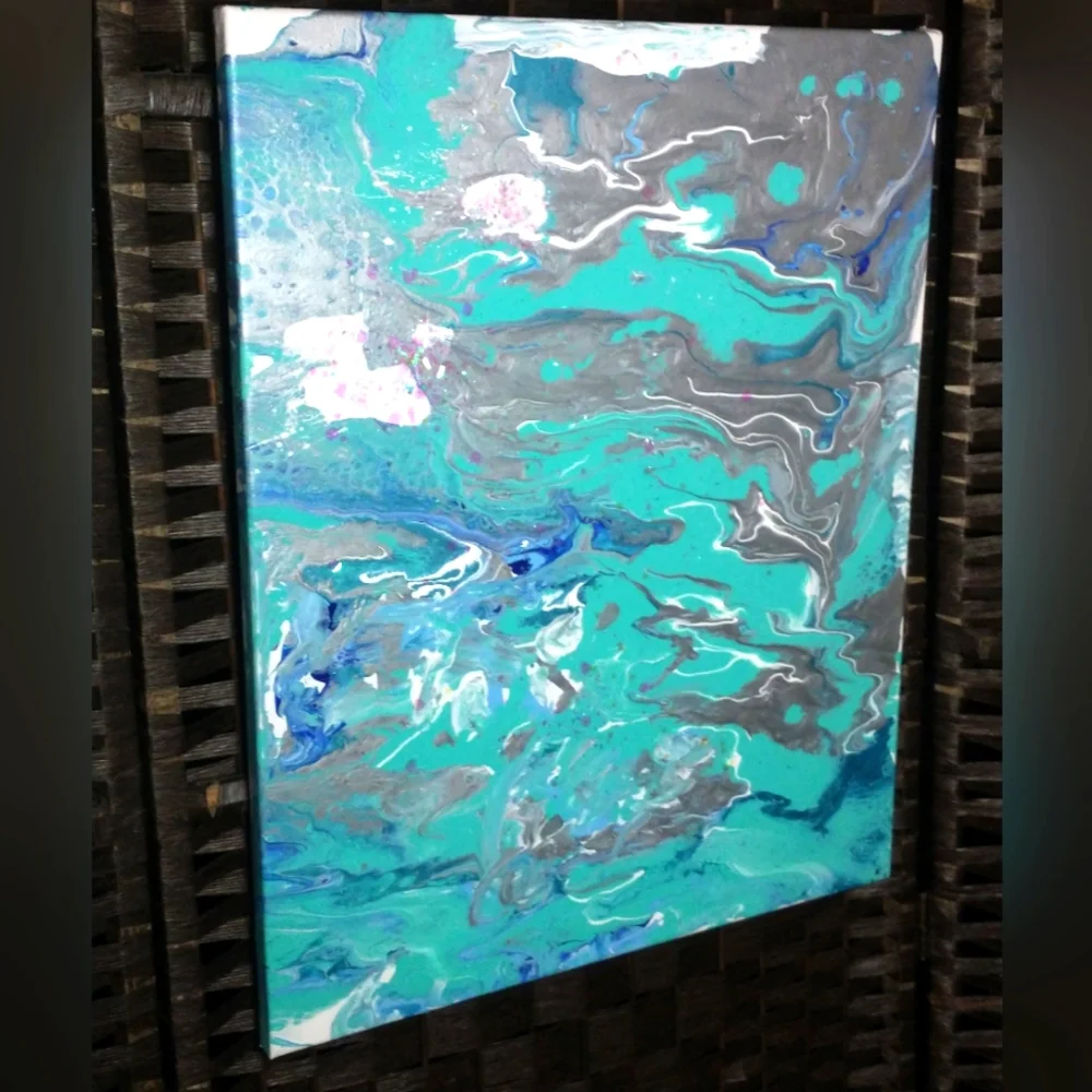 UNDERWATER FANTASY - Original Painting, 16x20 - Turquoise, Blues, Silver, White - Picture 1 of 16